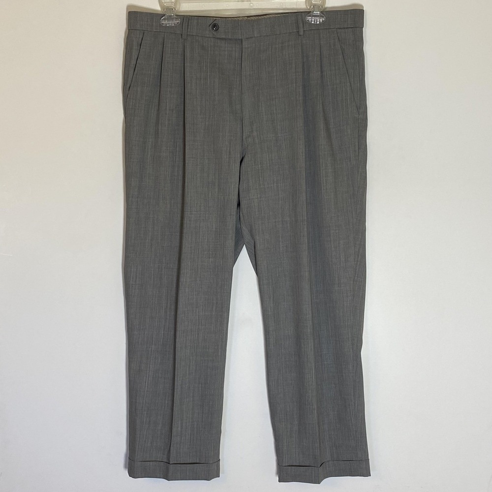 Ballin Comfort-EZE Dress Pants Mens 38 Gray Super 120s Wool Pleated Cuffed